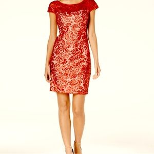 CALVIN KLEIN red sequined knee length dress sheet neckline nude lining size 8